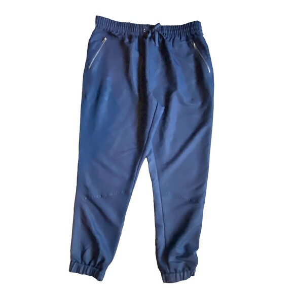 Womens Satin Jogger Pants Size 12 Blue Luxe Athleisure Elastic Waist Zip Pockets - Picture 1 of 9